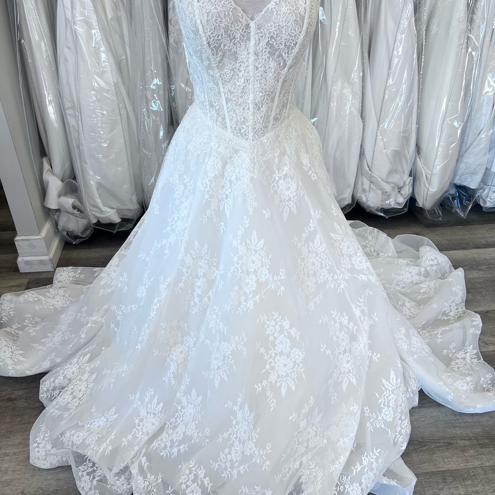 Mabel by Eddy K | Elegant White Lace A-Line Wedding Dress with Illusion Bodice
